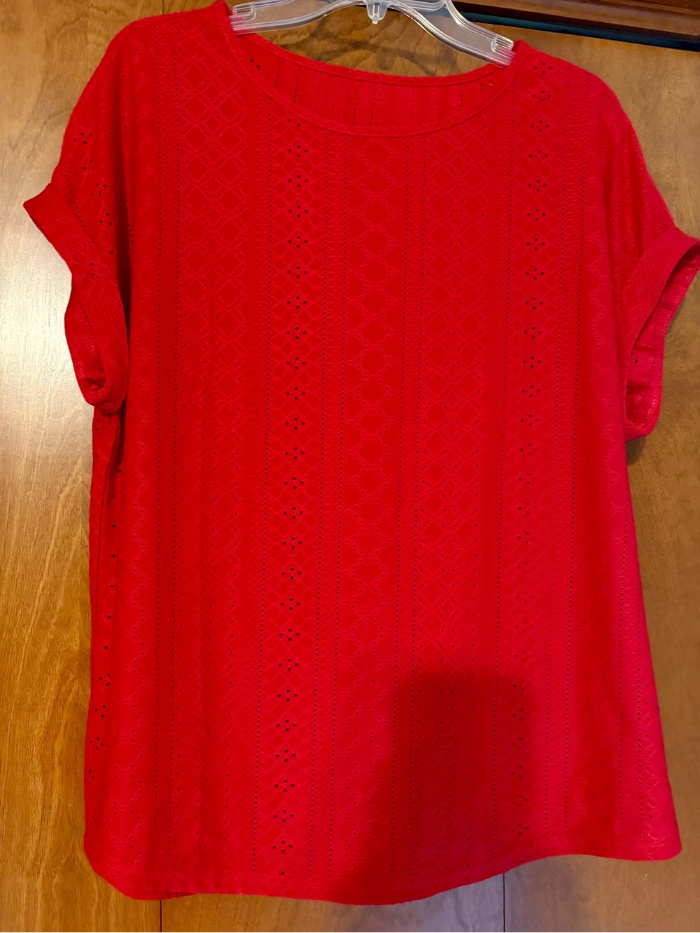 Women's Red Short Sleeve Eyelet Knit Tee